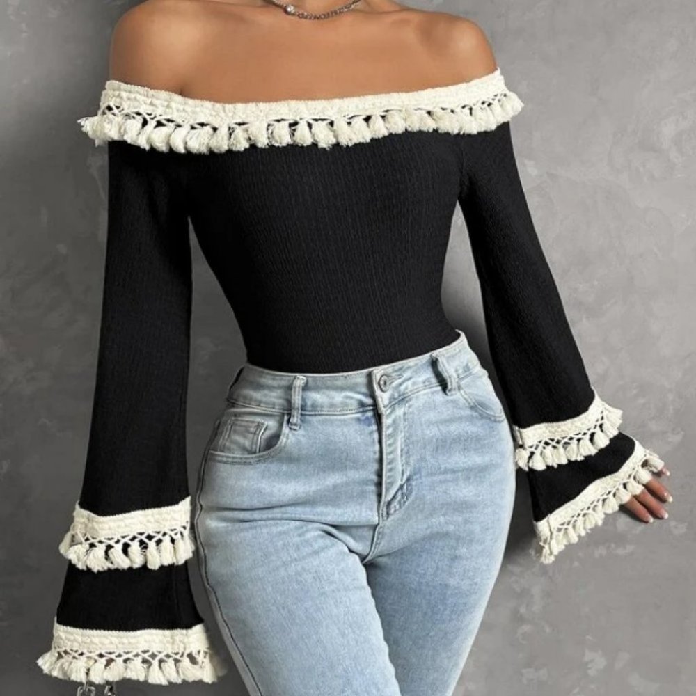 Boho Off Shoulder Flounce long Sleeved Fringe detailed black Blouse Top - Picture 5 of 6
